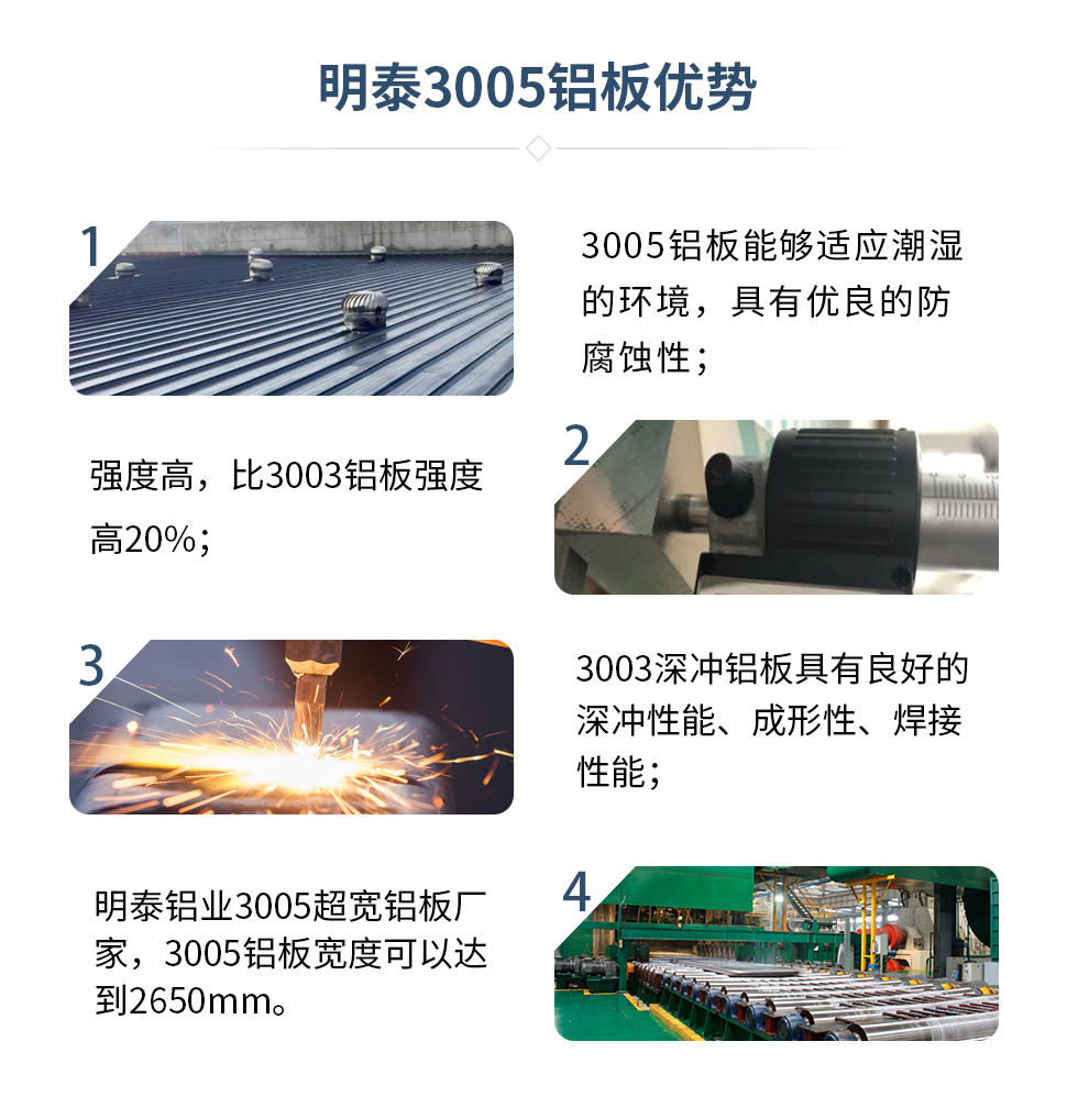 　　太阳成集团3005铝板优势
　　1、3005铝板能够适应潮湿的环境，具有优良的防腐蚀性；
　　2、强度高，比3003铝板强度高20%；
　　3、3003深冲铝板具有良好的深冲性能、成形性、焊接性能；
　　4、太阳成集团tyc122cc3005超宽铝板厂家，3005铝板宽度可以达到2650mm。